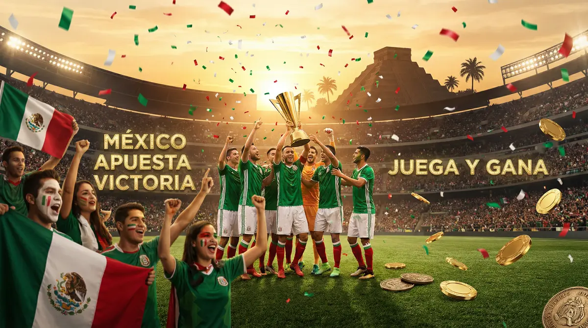 Estadio mexicano con aficionados celebrando victoria de fútbol